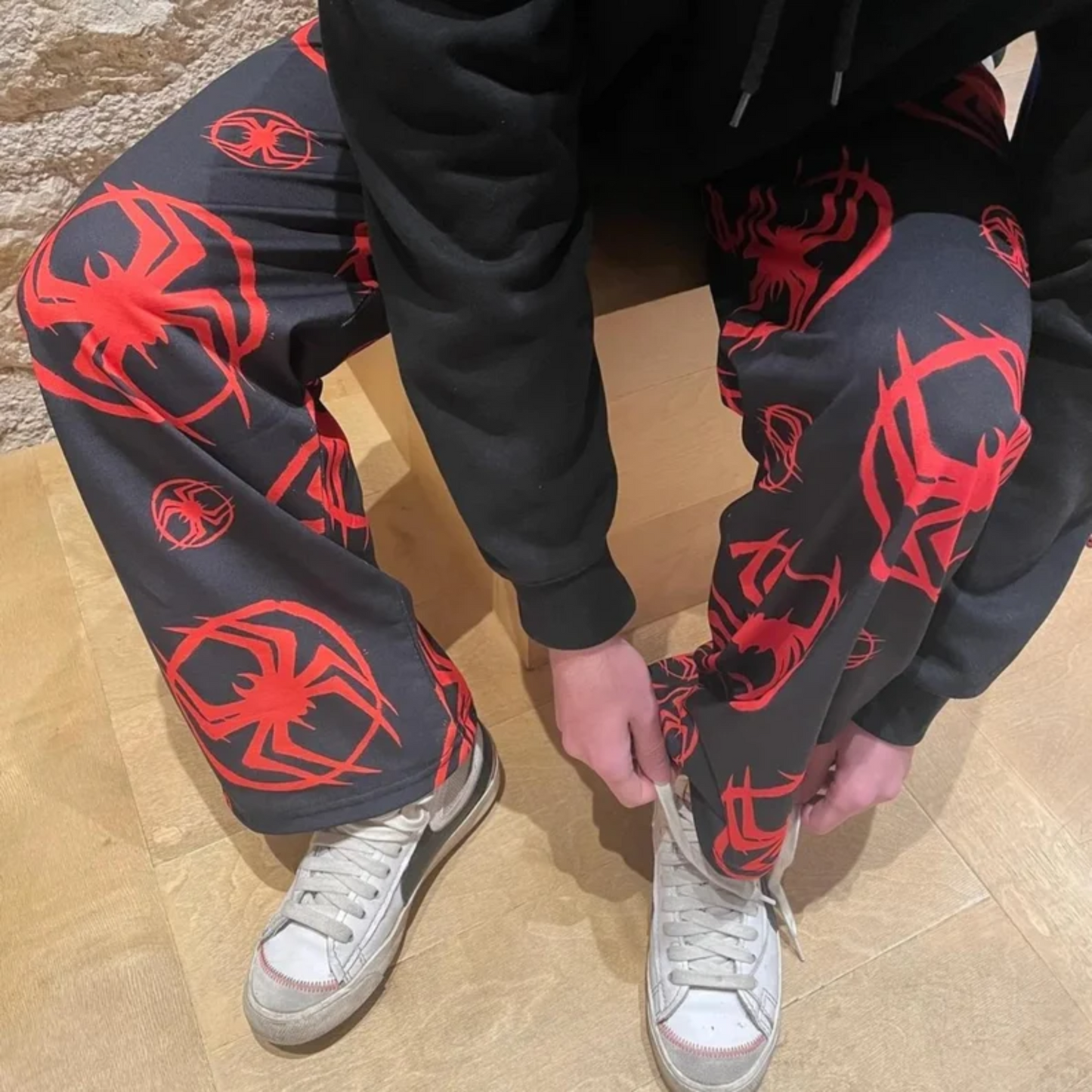 Spider Logo Printed Black Pajama Pants