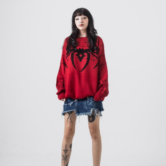 Red Color Black Spider Knitted Loose Sweater