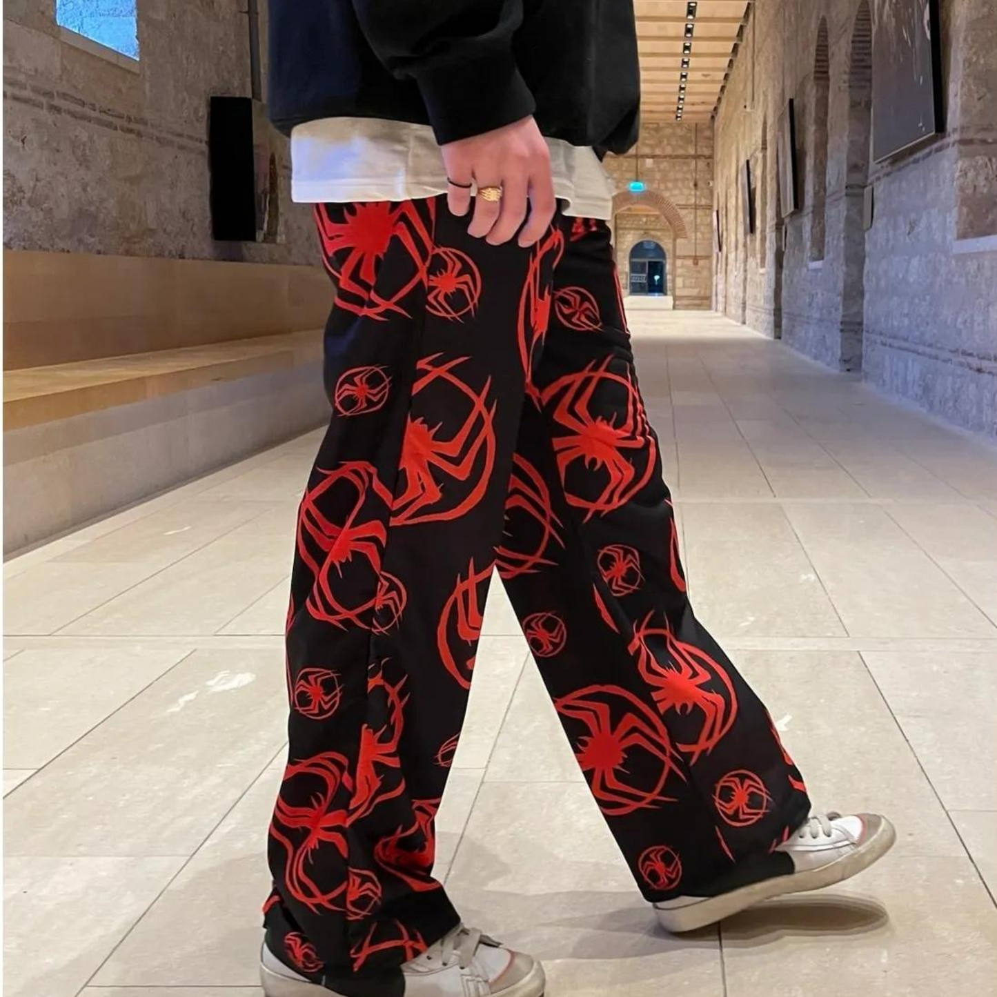 Spider Logo Printed Black Pajama Pants