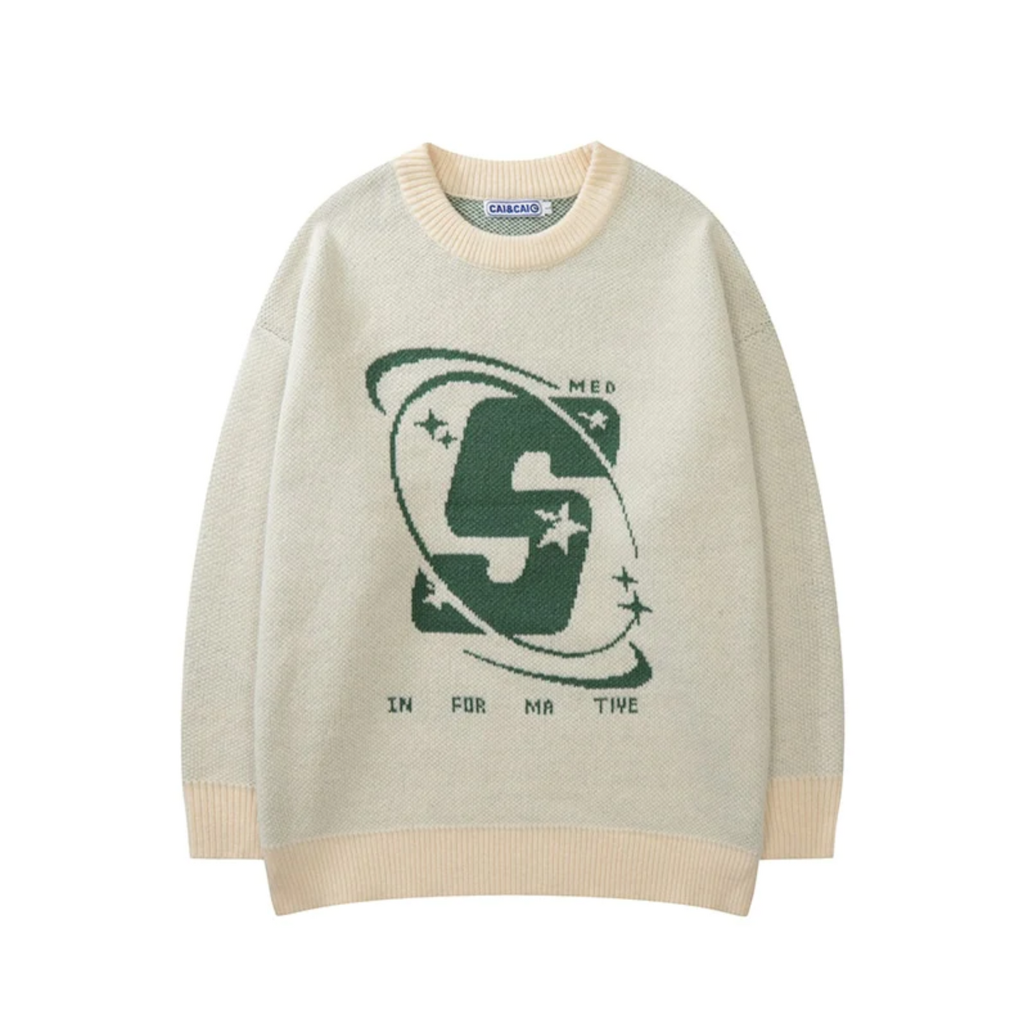 Street-Style Beige Sweater with Green "S" Logo