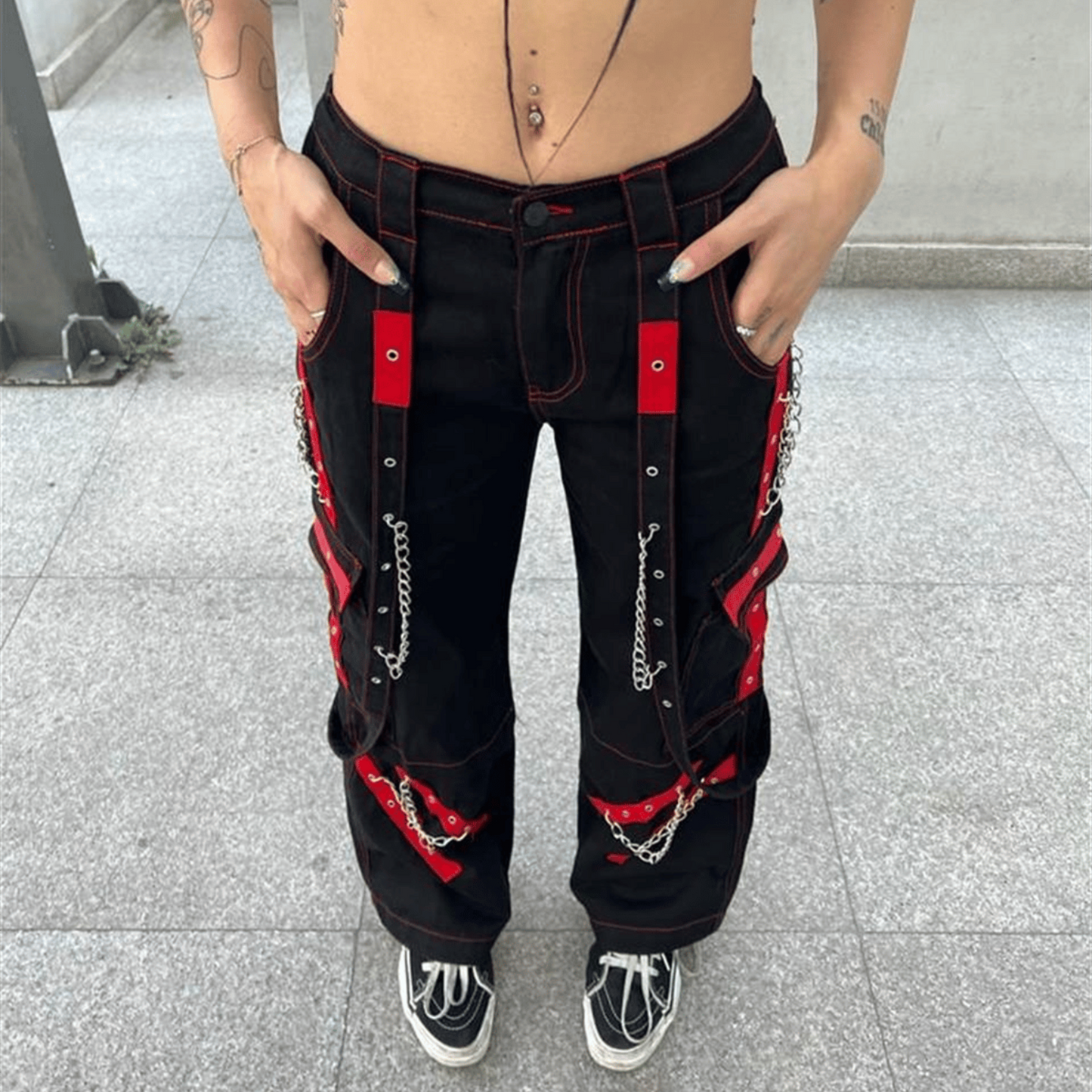 Red Fabric Detailed Chain Cargo Pants