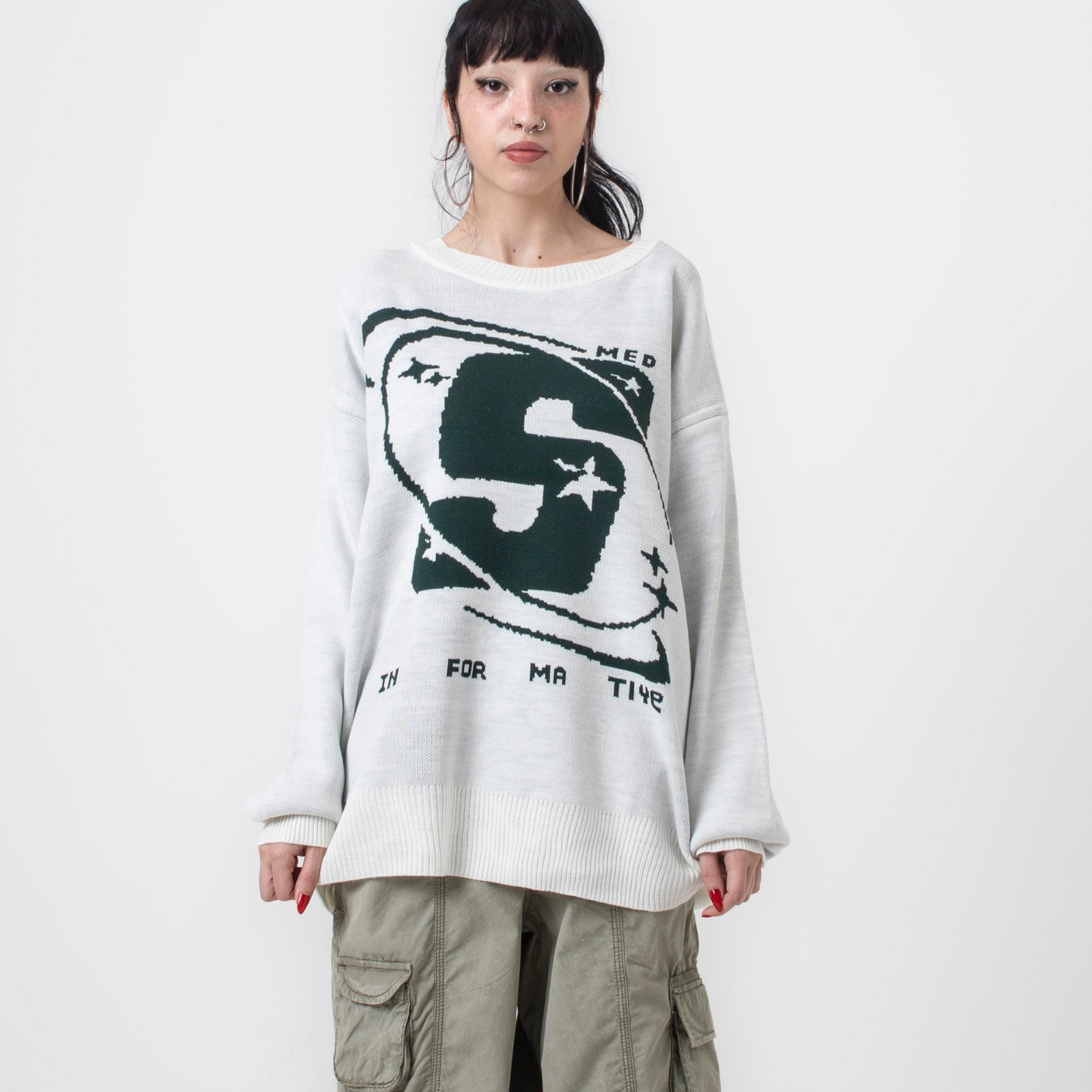 Street-Style Beige Sweater with Green "S" Logo