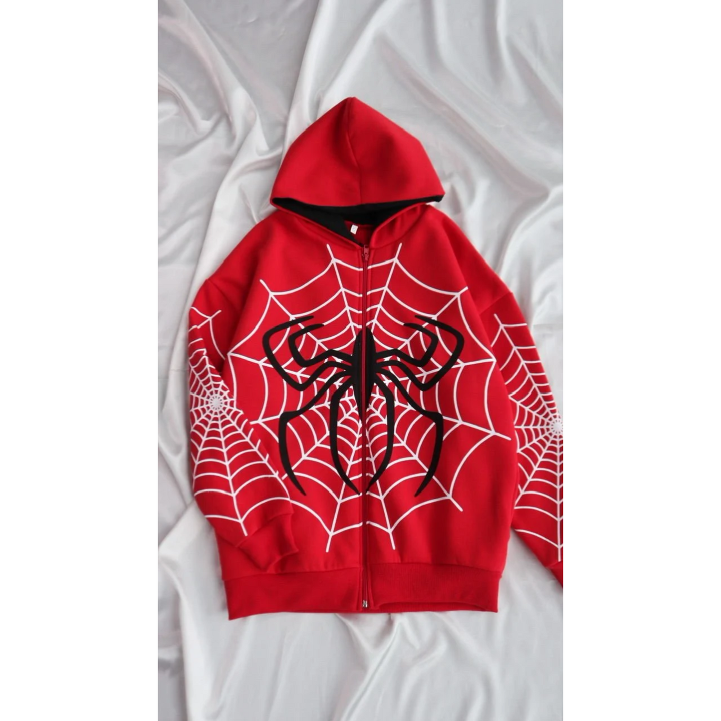 Spider And Spider Web Printed Zip Up Red Hoodie