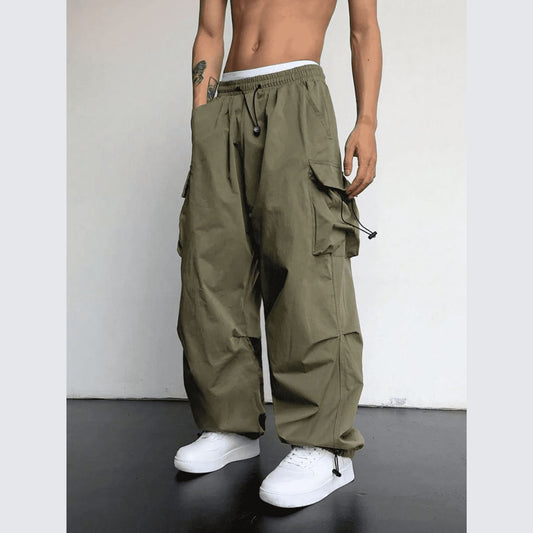 Khaki Green Loose Cargo Parachute Pants