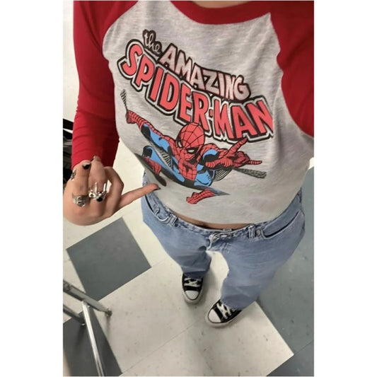 Amazing Spider Crop Top Red Long Slevee