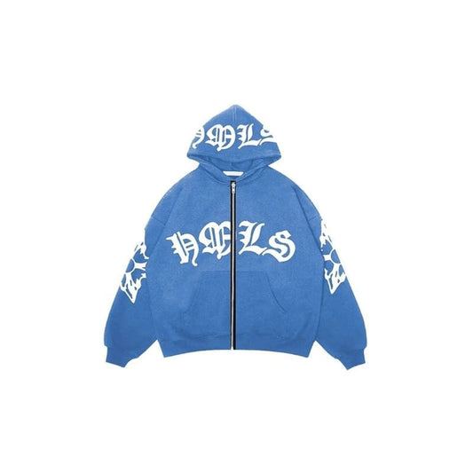 Baby Blue White Y2k Style Zip Up Hoodie